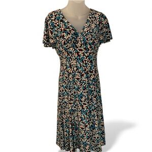 Chaps Floral V-Neck Midi Dress - Blue, White, Brown (item#10046)